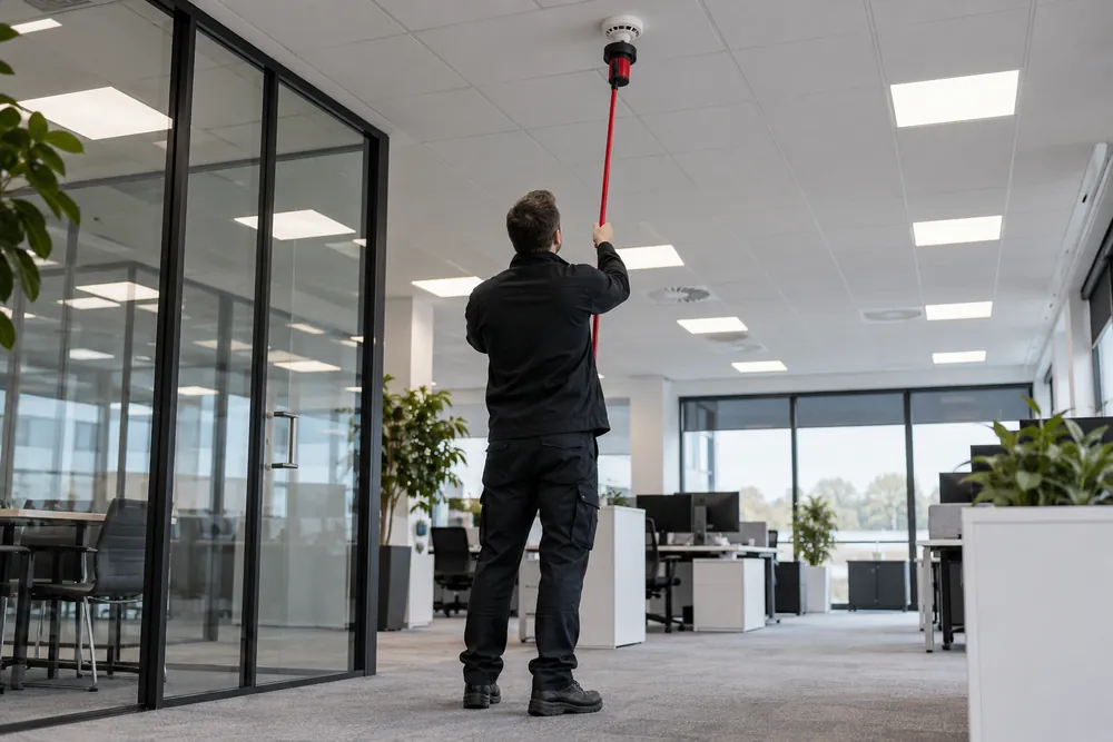 Engineer using a detector test pole beneath a ceiling detector in a Cardiff office