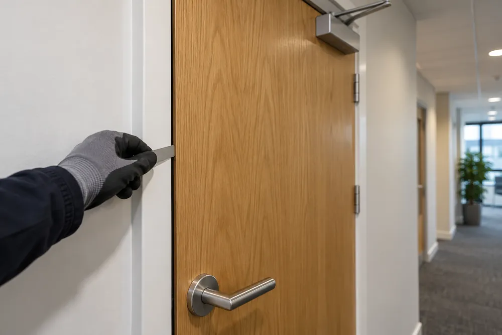 Gloved inspector measuring the gap beside a timber fire door in a Cardiff corridor