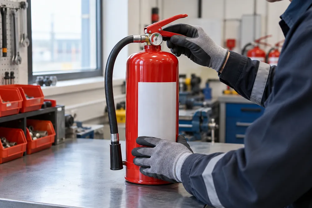 Gloved technician checking a red fire extinguisher on a Cardiff workshop bench