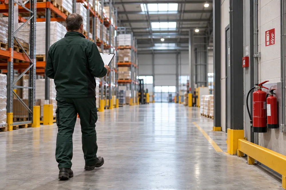 Assessor holding a clipboard between warehouse storage racks in Cardiff